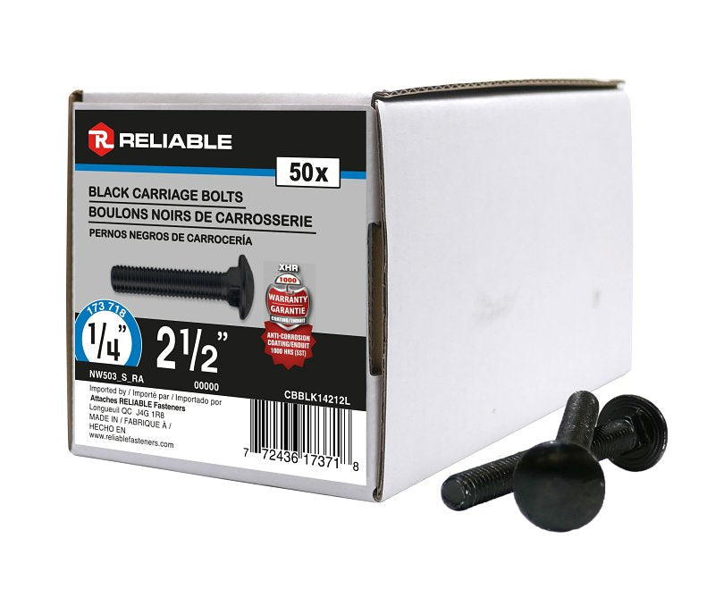 Reliable CBBLK14212L Carriage Bolt, 1/4-20 Thread, Coarse, Full Thread, 2-1/2 in OAL, Steel, Rustproof, A Grade