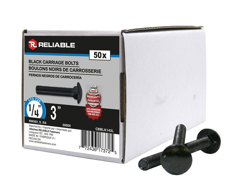 Reliable CBBLK143L Carriage Bolt, 1/4-20 Thread, Coarse, Full Thread, 3 in OAL, Steel, Rustproof, A Grade