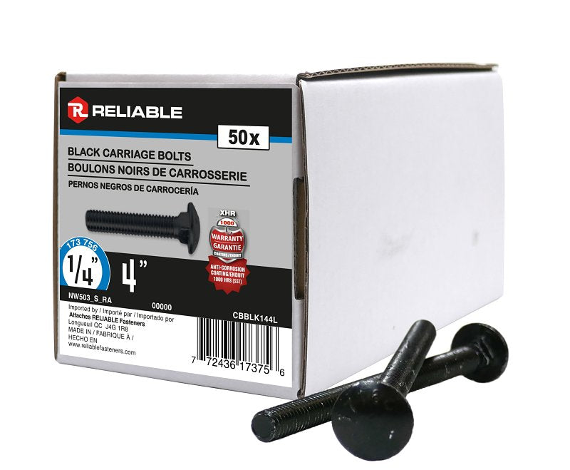 Reliable CBBLK144L Carriage Bolt, 1/4-20 Thread, Coarse, Full Thread, 4 in OAL, Steel, Rustproof, A Grade