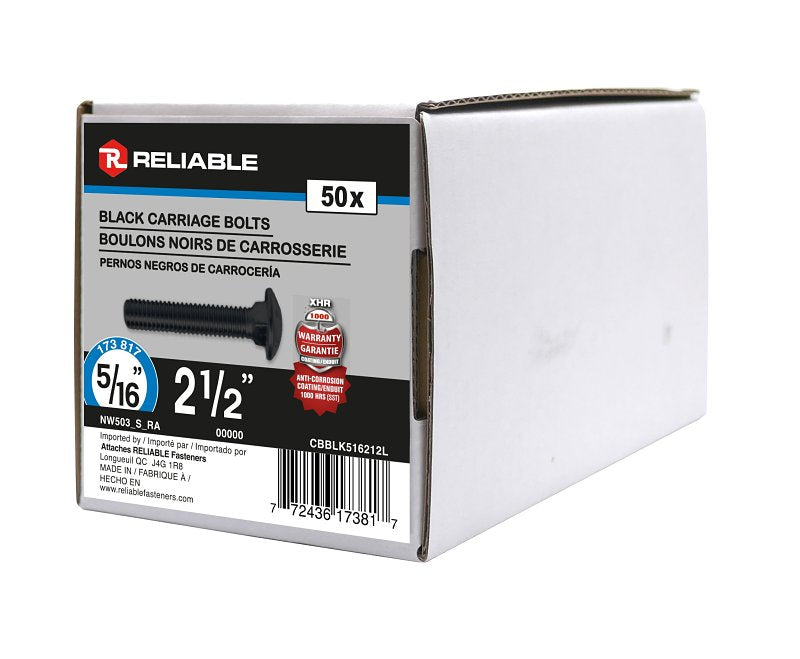 Reliable CBBLK516212L Carriage Bolt, 5/16-18 Thread, Coarse, Full Thread, 2-1/2 in OAL, Steel, Rustproof, A Grade