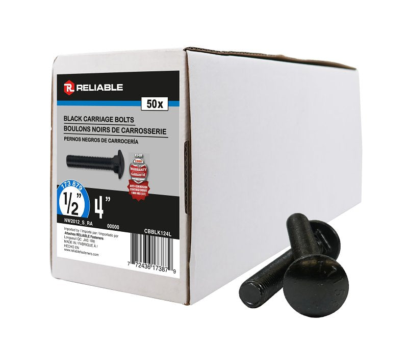 Reliable CBBLK124L Carriage Bolt, 1/2-13 Thread, Coarse, Full Thread, 4 in OAL, Steel, Rustproof, A Grade