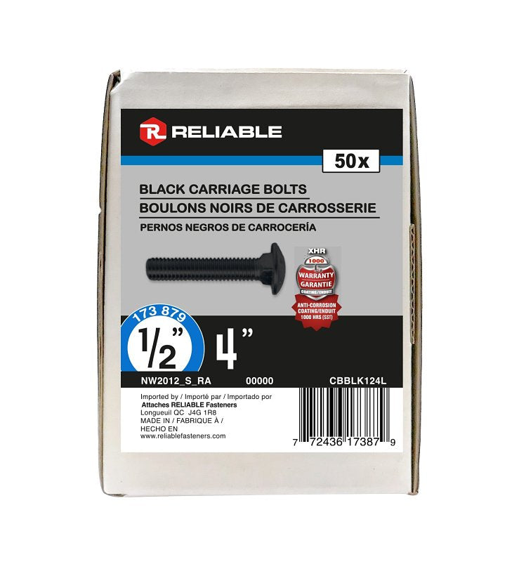 Reliable CBBLK124L Carriage Bolt, 1/2-13 Thread, Coarse, Full Thread, 4 in OAL, Steel, Rustproof, A Grade
