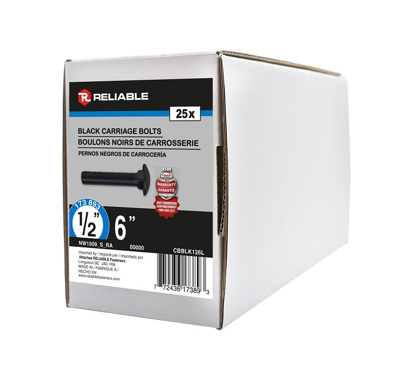 Reliable CBBLK126L Carriage Bolt, 1/2-13 Thread, Coarse, Full Thread, 6 in OAL, Steel, Rustproof, A Grade