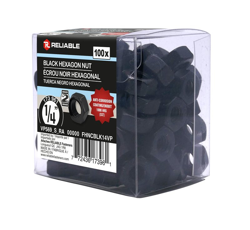Reliable FHNCBLK14VP Hex Nut, Coarse Thread, 1/4-20 Thread, Steel, ACQ Black Epoxy, 2 Grade