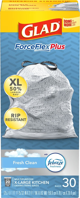 Glad ForceFlexPlus XL 78913 Kitchen Trash Bag, XL, 20 gal, White