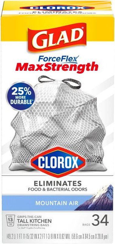 Glad ForceFlexPlus 79298 Tall Kitchen Trash Bag, 13 gal, Polyethylene Resin, Gray