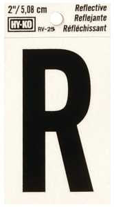 Hy-Ko RV-25/R Reflective Letter, 1-1/2 in W x 3 in H Dimensions, Character: R, 2 in H Character, Black Character, Vinyl, Pack of 10