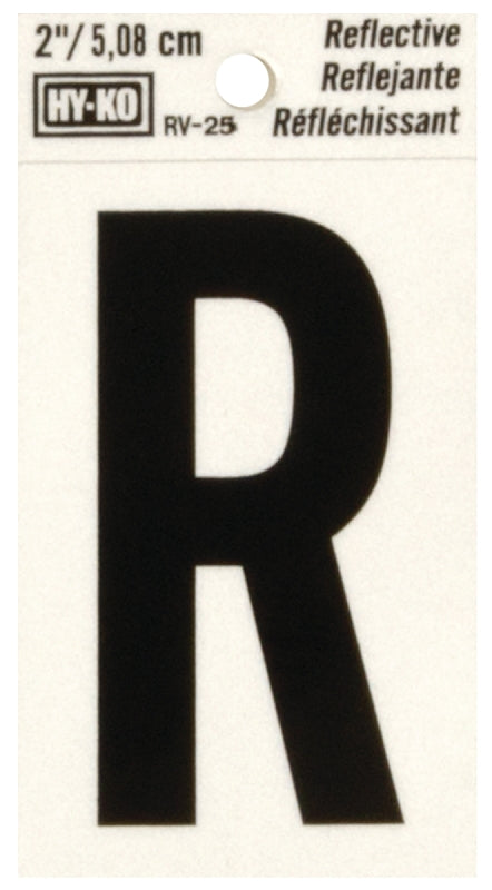 Hy-Ko RV-25/R Reflective Letter, 1-1/2 in W x 3 in H Dimensions, Character: R, 2 in H Character, Black Character, Vinyl, Pack of 10