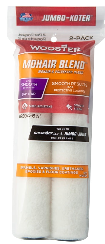Wooster RR304-6 1/2 Jumbo Mini Roller Cover, 1/4 in Thick Nap, 6-1/2 in L, Mohair/Polyester Fabric Blend Cover, White