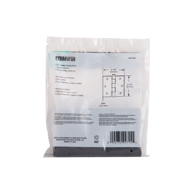 ProSource 20338ORX Square Corner Door Hinge, Steel, Oil-Rubbed Bronze, Loose Pin, 180 deg Range of Motion