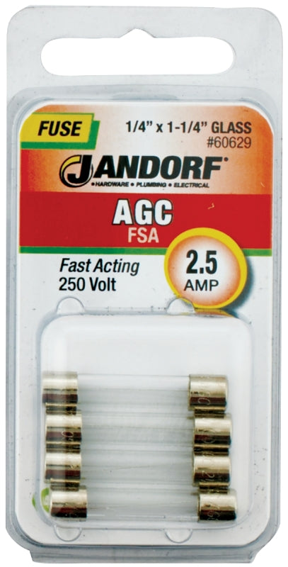 Jandorf 60629 Series Fast Acting Fuse, 0.05 Ohm, 2.5 A, 250 V, 100 A, 10 kA Interrupt, Glass Body