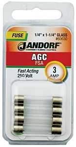 Jandorf 60630 Series Fast Acting Fuse, 0.04 Ohm, 3 A, 250 V, 100 A, 10 kA Interrupt, Glass Body