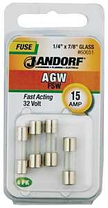 Jandorf 60651 Fast Acting Fuse, 15 A, 32 V, 10 kA Interrupt, Glass Body