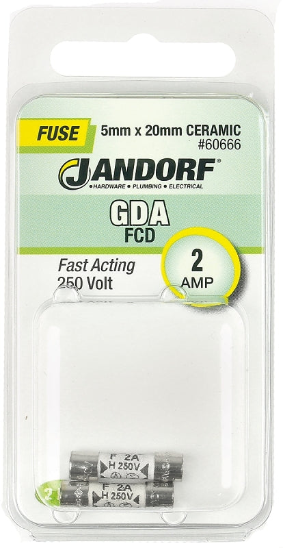 Jandorf 60666 Fast Acting Fuse, 0.07 Ohm, 2 A, 250 V, 1500 A Interrupt, Ceramic Body, 5 mm Dia