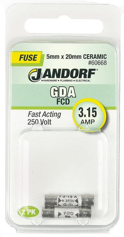 Jandorf 60668 Fast Acting Fuse, 0.03 Ohm, 3.15 A, 250 V, 1500 A Interrupt, Ceramic Body, 5 mm Dia