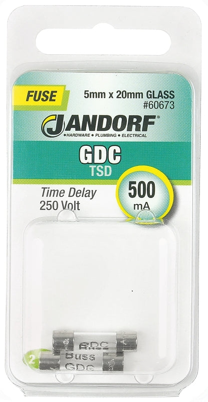 Jandorf 60673 Series Time Delay Fuse, 0.01 Ohm, 500 mA, 250 V, 35 A Interrupt, Glass Body