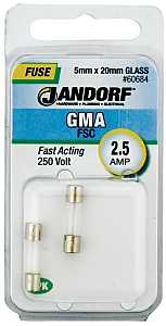 Jandorf 60684 Series Fast Acting Fuse, 0.04 Ohm, 2.5 A, 250 V, 100 A, 10 kA Interrupt, Glass Body
