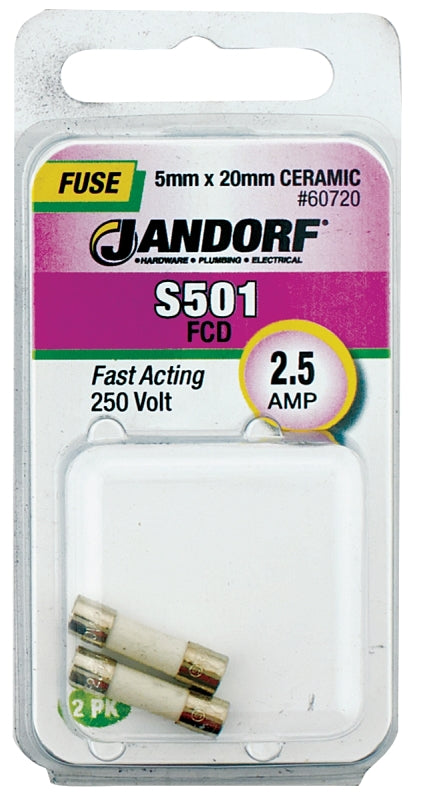 Jandorf 60720 Fast Acting Fuse, 0.05 Ohm, 2.5 A, 250 V, 1500 A Interrupt, Ceramic Body, 5 mm Dia