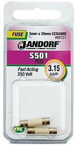 Jandorf 60721 Fast Acting Fuse, 0.03 Ohm, 3.15 A, 250 V, 1500 A Interrupt, Ceramic Body