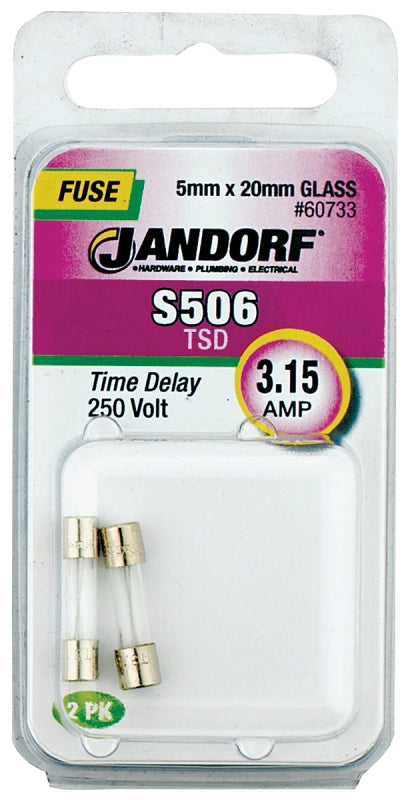 Jandorf 60733 Series Time Delay Fuse, 0.007 Ohm, 3.15 A, 250 V, 35 A Interrupt, Glass Body