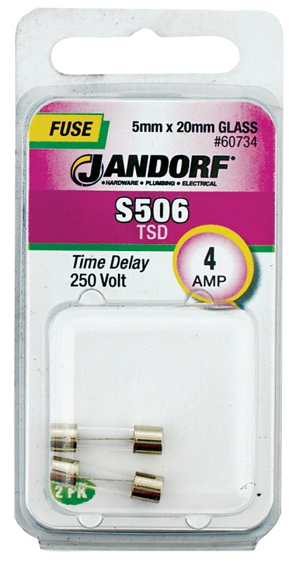 Jandorf 60734 Series Time Delay Fuse, 0.007 Ohm, 4 A, 250 V, 40 A Interrupt, Glass Body