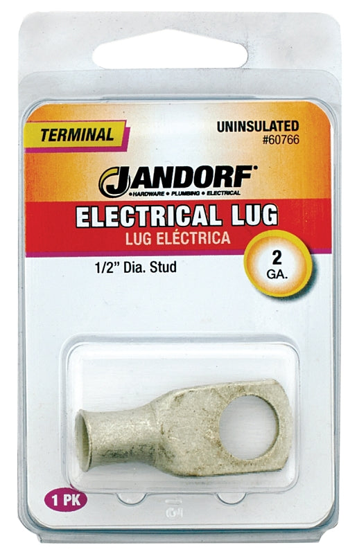 JANDORF 60766 Non-Insulated Electrical Lug, 2 AWG Wire, 1/2 in Stud, Copper Contact