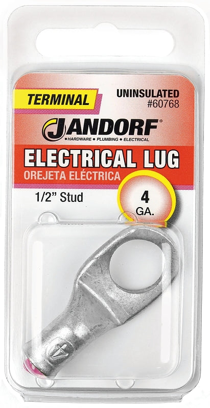 JANDORF 60768 Non-Insulated Electrical Lug, 4 AWG Wire, 1/2 in Stud, Copper Contact