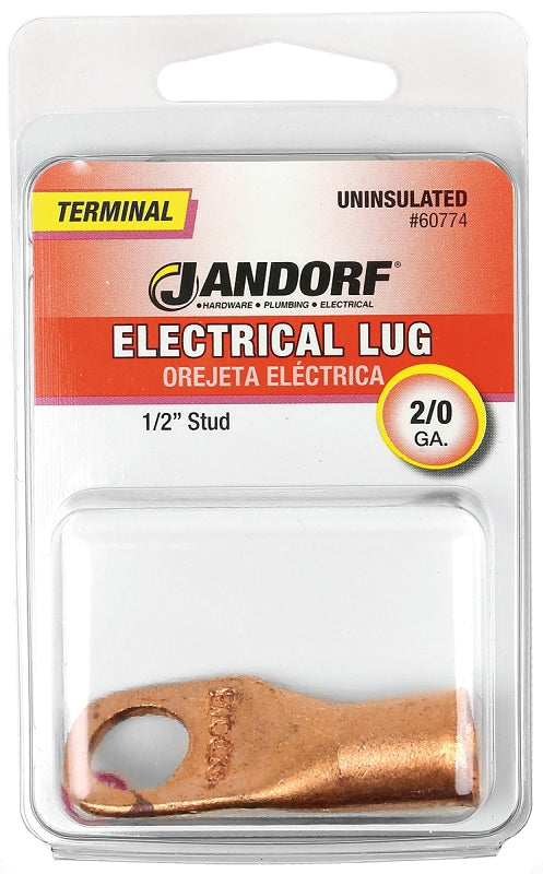 Jandorf 60774 Electrical Lug, 2/0 AWG Wire, 1/2 in Stud, Copper Contact, Brown