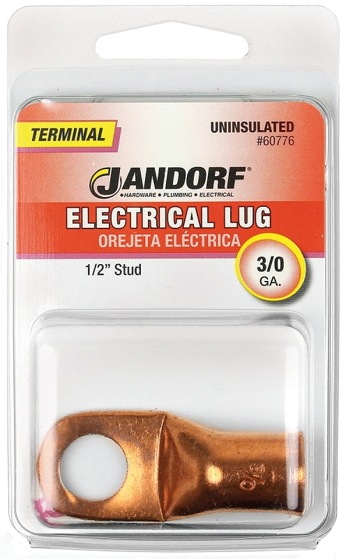 JANDORF 60776 Non-Insulated Electrical Lug, 3/0 AWG Wire, 1/2 in Stud, Copper Contact