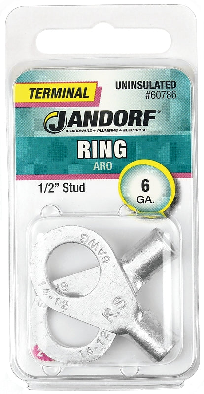 JANDORF 60786 High-Temperature Non-Insulated Ring Terminal, 6 AWG Wire, 1/2 in Stud, Copper Contact