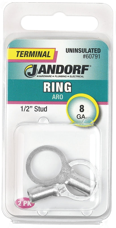 JANDORF 60791 High-Temperature Non-Insulated Ring Terminal, 8 AWG Wire, 1/2 in Stud, Copper Contact