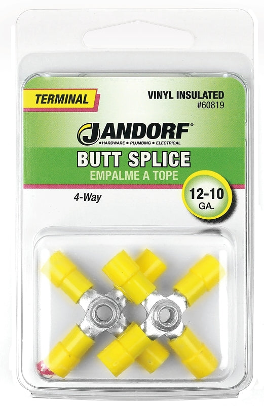 JANDORF 60819 4-Way Butt Splice Connector, 12 to 10 AWG Wire, Vinyl Insulation, Copper Contact, Yellow