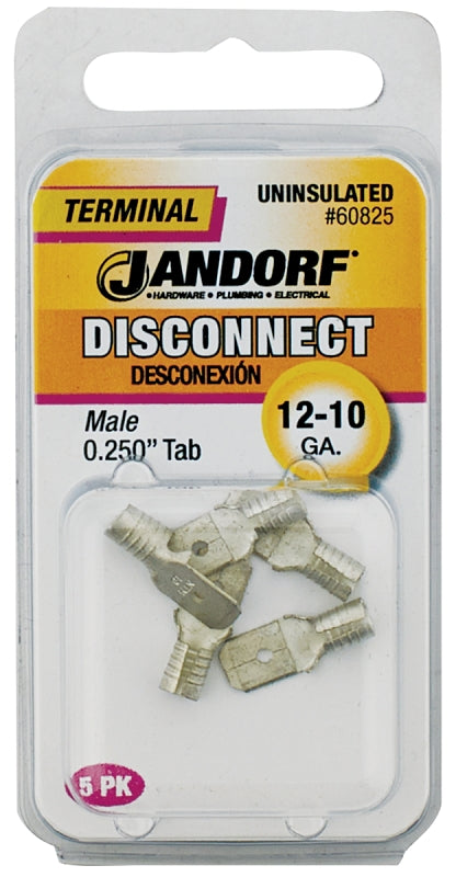 JANDORF 60825 Non-Insulated Male Disconnect Terminal, 12 to 10 AWG Wire, 1/4 in Stud, Copper Contact, Yellow