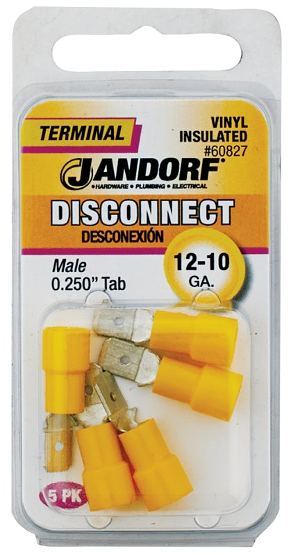 JANDORF 60827 Male Disconnect Terminal, 12 to 10 AWG Wire, 1/4 in Stud, Vinyl Insulation, Copper Contact, Yellow