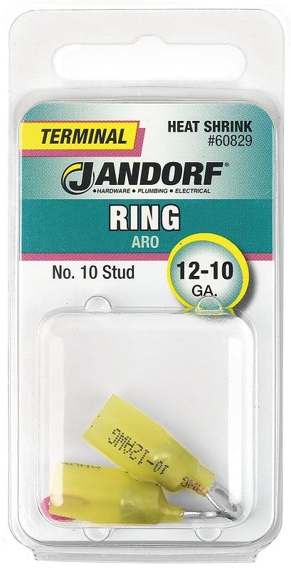 JANDORF 60829 Heat-Shrink Ring Terminal, 12 to 10 AWG Wire, #10 Stud, Copper Contact, Yellow