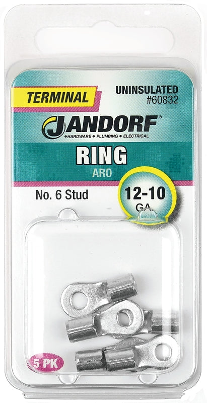 JANDORF 60832 High-Temperature Non-Insulated Ring Terminal, 12 to 10 AWG Wire, #6 Stud, Copper Contact