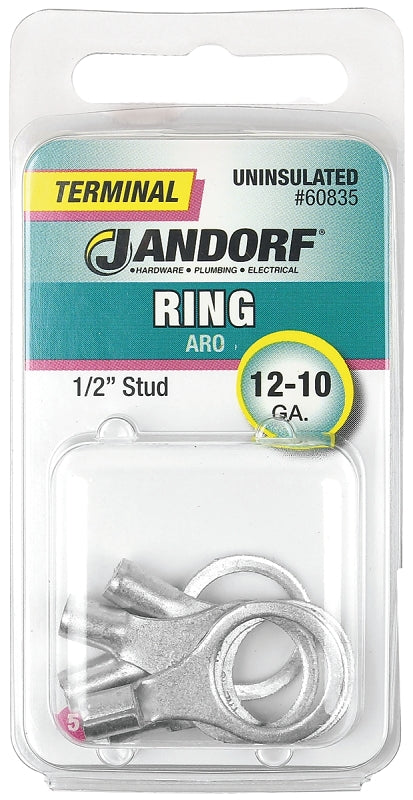 JANDORF 60835 High-Temperature Non-Insulated Ring Terminal, 12 to 10 AWG Wire, 1/2 in Stud, Copper Contact
