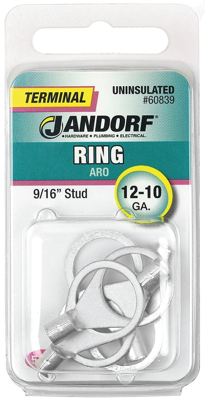 JANDORF 60839 High-Temperature Non-Insulated Ring Terminal, 12 to 10 AWG Wire, 9/16 in Stud, Copper Contact