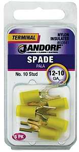 Jandorf 60841 Spade Terminal, 600 V, 12 to 10 AWG Wire, #10 Stud, Nylon Insulation, Copper Contact, Yellow