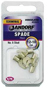 Jandorf 60954 Spade Terminal, 22 to 18 AWG Wire, #6 Stud, Vinyl Insulation, Copper Contact, Red