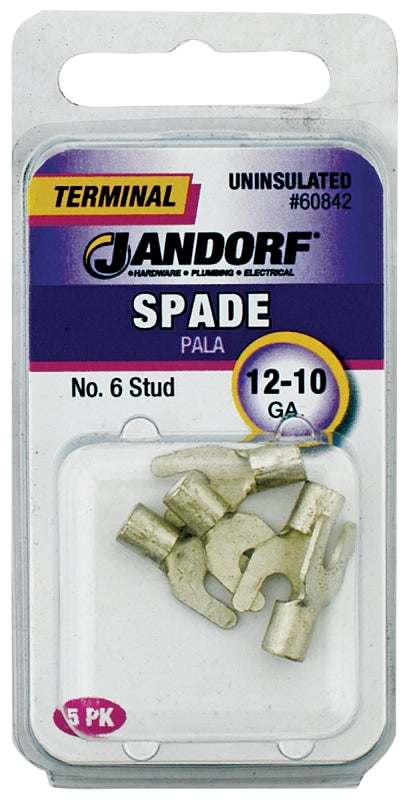 JANDORF 60842 Non-Insulated Spade Terminal, 600 V, 12 to 10 AWG Wire, #6 Stud, Copper Contact
