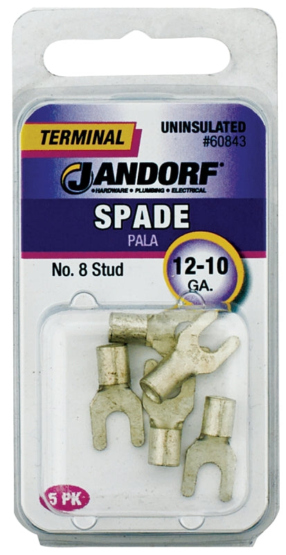 JANDORF 60843 Non-Insulated Spade Terminal, 600 V, 12 to 10 AWG Wire, #8 Stud, Copper Contact