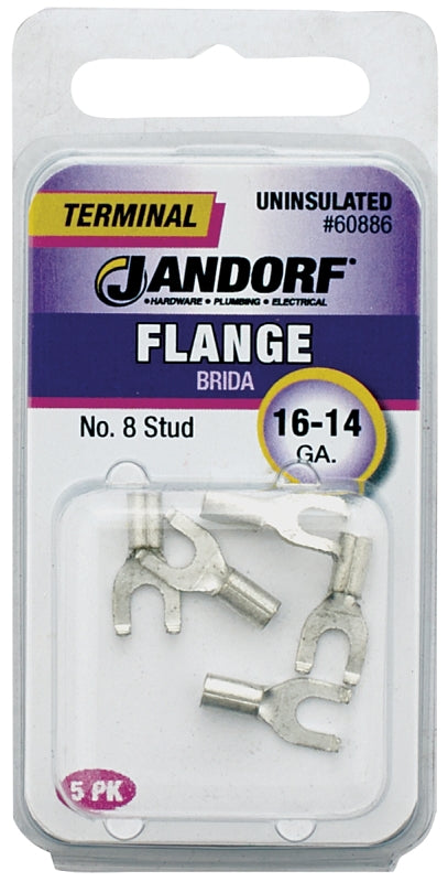 JANDORF 60886 Non-Insulated Flanged Spade Terminal, 16 to 14 AWG Wire, #8 Stud, Copper Contact