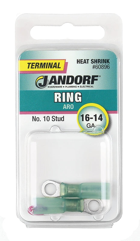 JANDORF 60896 Heat-Shrink Ring Terminal, 16 to 14 AWG Wire, #10 Stud, Blue