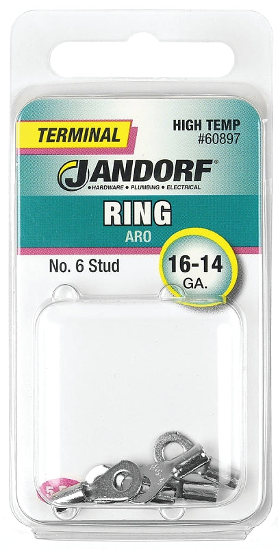 JANDORF 60897 High-Temperature Non-Insulated Ring Terminal, 16 to 14 AWG Wire, #6 Stud