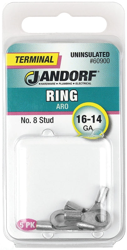 JANDORF 60900 High-Temperature Non-Insulated Ring Terminal, 16 to 14 AWG Wire, #8 Stud, Copper Contact