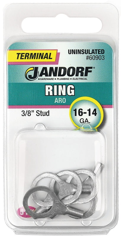 JANDORF 60903 High-Temperature Non-Insulated Ring Terminal, 16 to 14 AWG Wire, 3/8 in Stud, Copper Contact