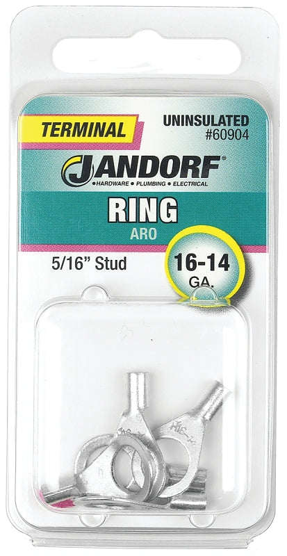 JANDORF 60904 High-Temperature Non-Insulated Ring Terminal, 16 to 14 AWG Wire, 5/16 in Stud, Copper Contact