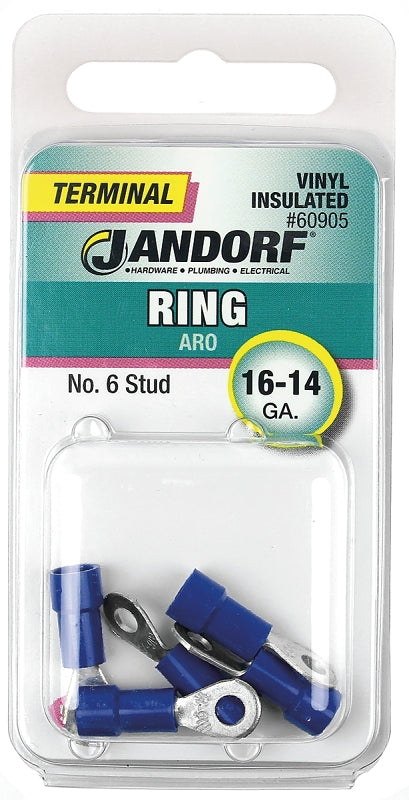 JANDORF 60905 Ring Terminal, 16 to 14 AWG Wire, #6 Stud, Vinyl Insulation, Copper Contact, Blue