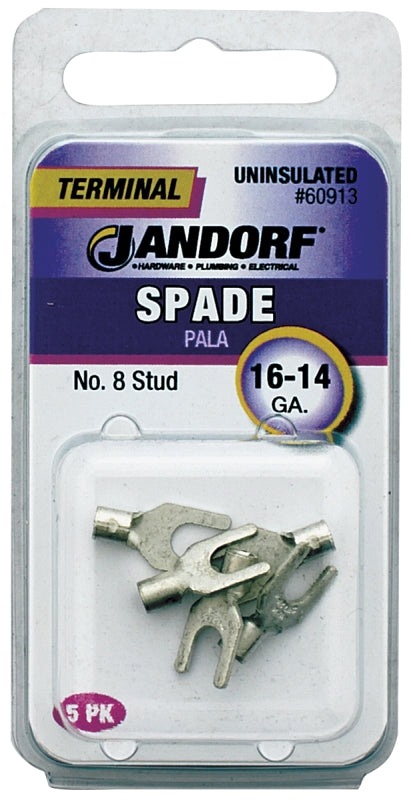 JANDORF 60913 Non-Insulated Spade Terminal, 600 V, 16 to 14 AWG Wire, #8 Stud, Copper Contact